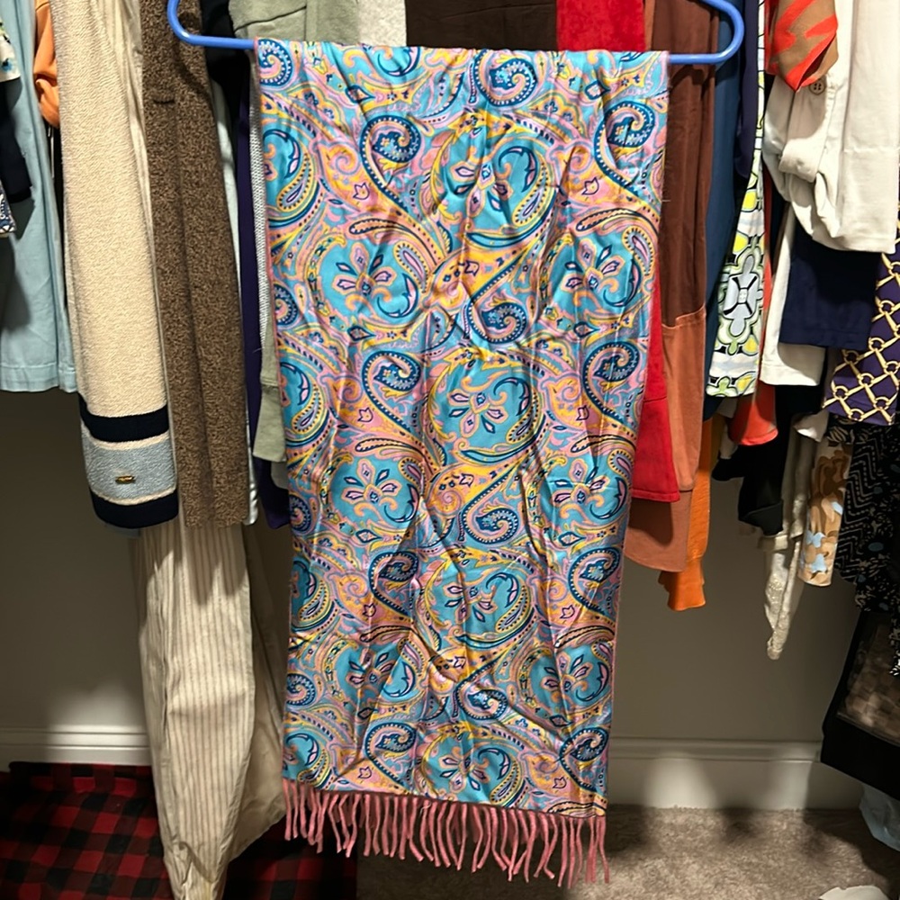 J McLaughlin double sided scarf. Paisley green on one side, pink on the other